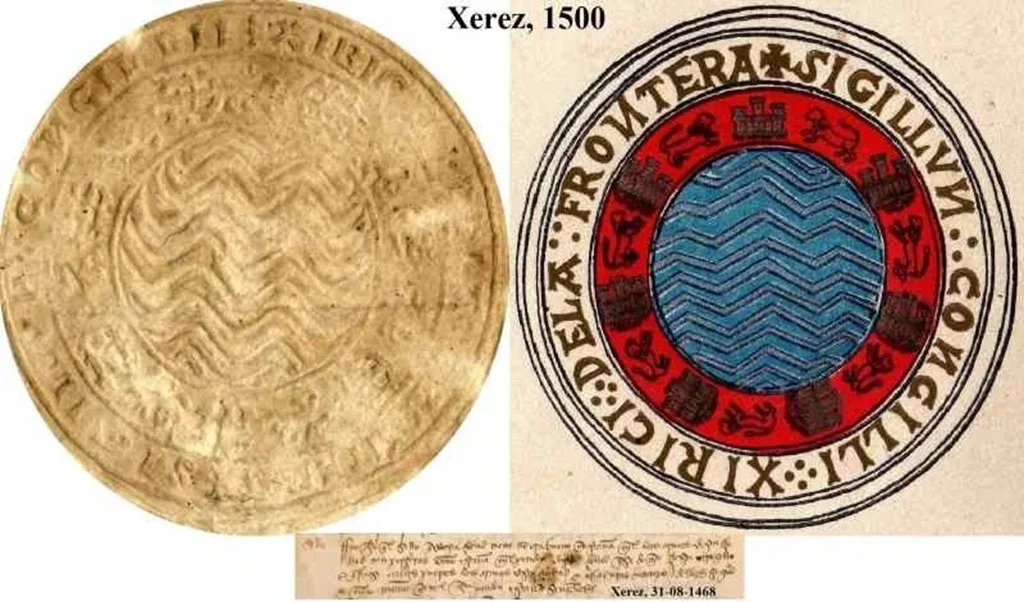 Muestra del sello concejil más antiguo de Jerez conservado en el Archivo Municipal y su reconstrucción heráldica coloreada.