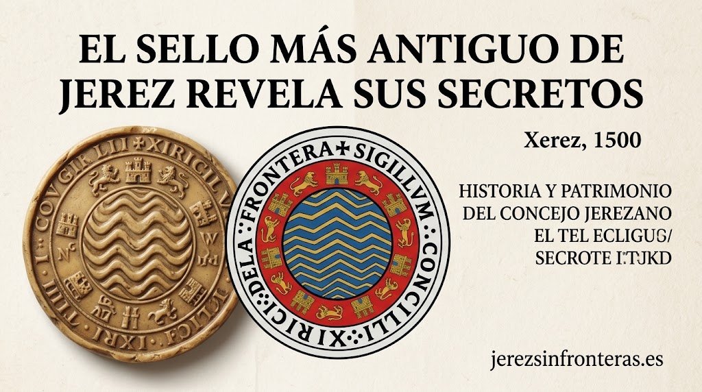 El sello concejil más antiguo de Jerez de 1500 a la izquierda y su ilustración coloreada a la derecha con el escudo de armas de la ciudad.