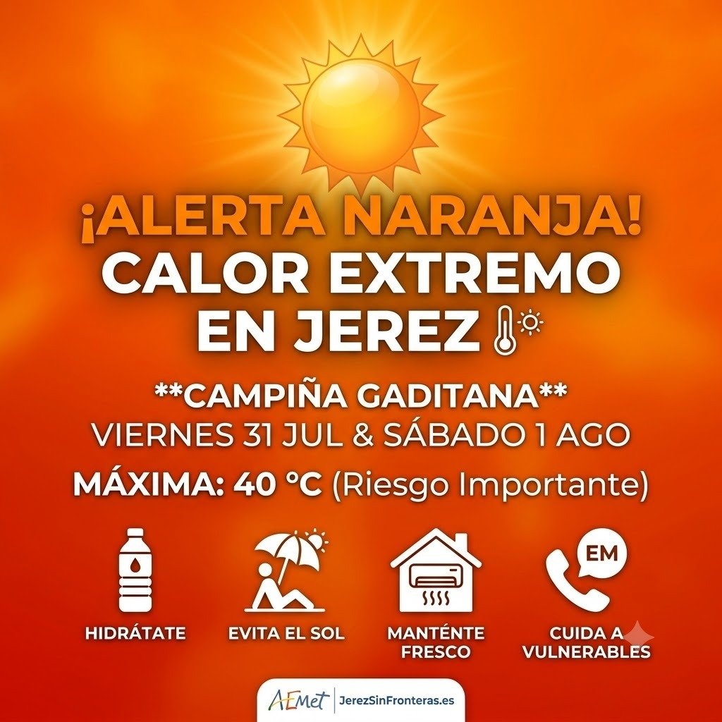 Gráfico de la AEMET con aviso naranja por temperaturas máximas de 40 °C en la Campiña Gaditana.