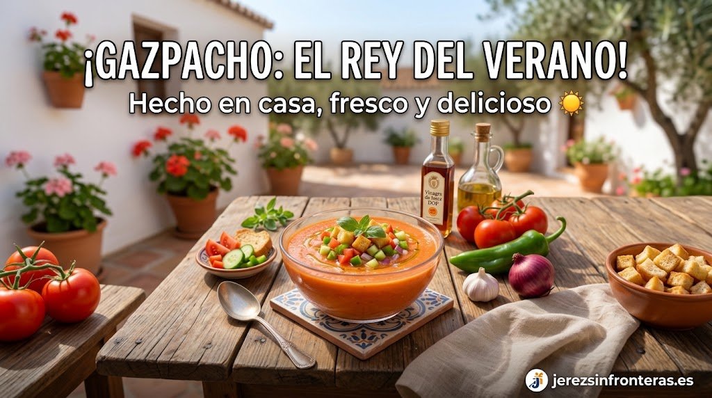 Una fotografía de una mesa rústica de madera en un patio andaluz, que muestra un tazón de gazpacho frío con guarniciones y botellas de aceite de oliva y Vinagre de Jerez DOP. En la parte superior de la imagen, el texto "¡GAZPACHO: EL REY DEL VERANO! Hecho en casa, fresco y delicioso ☀️" está escrito en letras grandes y blancas.