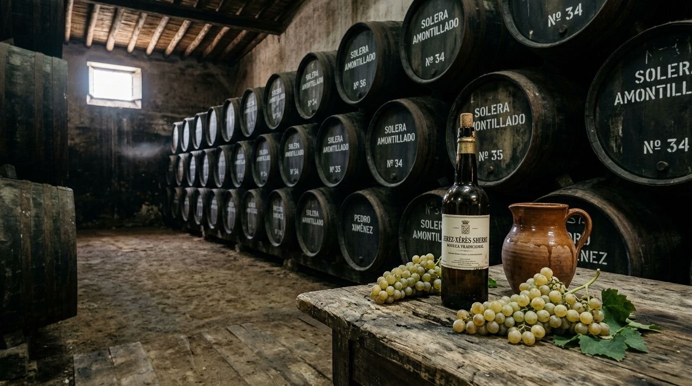 Bodega tradicional del Marco de Jerez con barricas de roble, botella de vino blanco, jarra de cerámica y uvas sobre mesa rústica