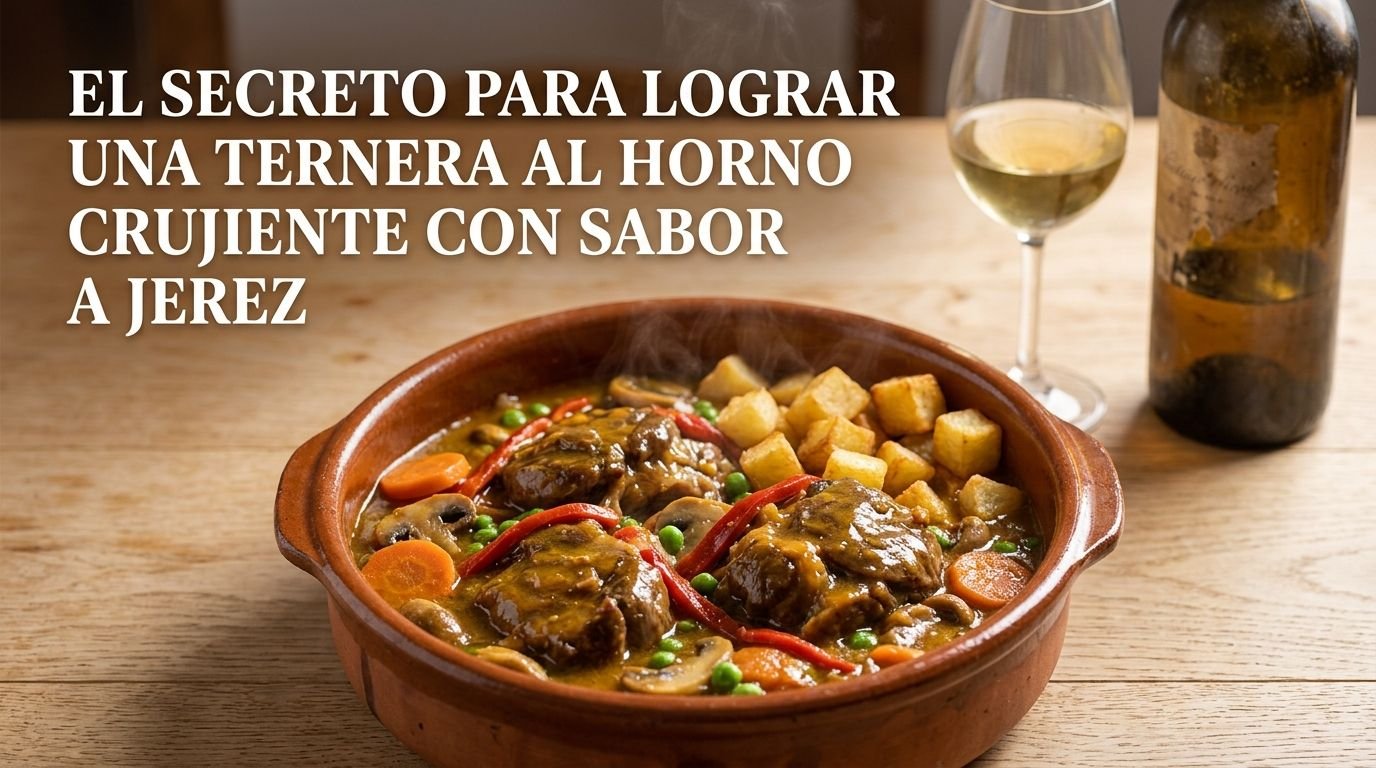 Plato de ternera al horno crujiente con vino de Jerez en cazuela de barro sobre mesa de madera