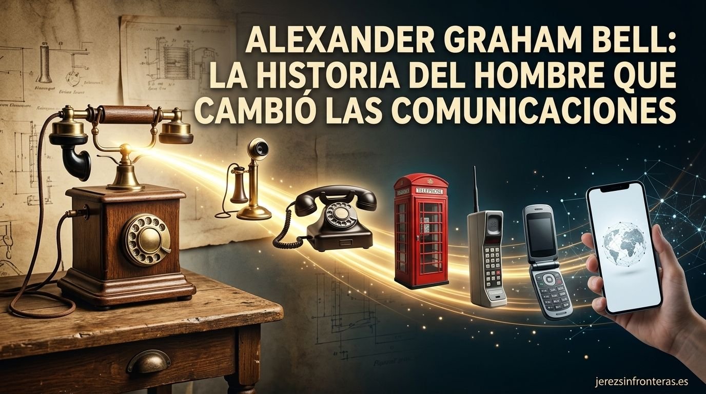 Evolución tecnológica desde el primer teléfono de Alexander Graham Bell hasta un smartphone moderno para la noticia sobre telecomunicaciones.