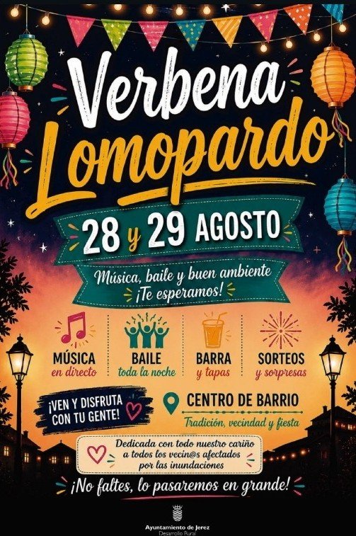 Cartel oficial de la Verbena de Lomopardo 2026 en Jerez con la programación de actividades del 28 y 29 de agosto.