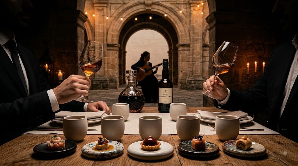 Copa de vino de Jerez alzada durante una velada nocturna e íntima maridada en un patio histórico jerezano con guitarra flamenca de fondo.