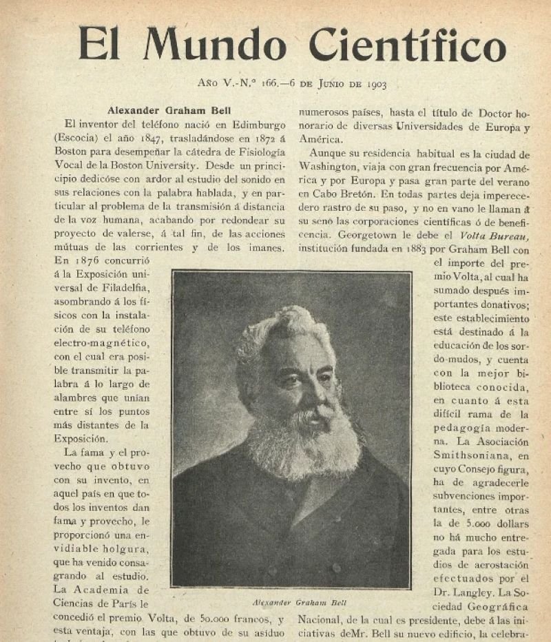 Grabado histórico de Alexander Graham Bell y su teléfono electromagnético publicado en El Mundo Científico en 1903.