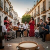 Grupo de gitanos y payos compartiendo un momento de flamenco en una calle típica de Jerez de la Frontera, simbolizando la convivencia y el compás que une a la comunidad.