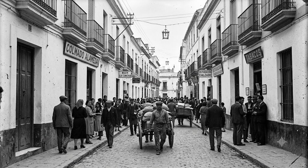 Fotografía antigua en blanco y negro de una concurrida calle peatonal en Jerez de la Frontera alrededor de 1930. En primer plano, varios peatones con vestimenta de la época caminan por el centro y las aceras, destacando un hombre empujando un carro de mano de dos ruedas. Los edificios a ambos lados de la calle tienen balcones con barandillas de hierro, farolas colgantes centrales y locales comerciales en las plantas bajas.