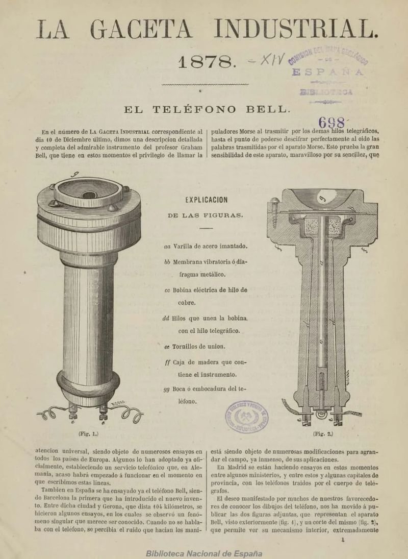 Página de La Gaceta Industrial de 1878 con ilustraciones y esquemas detallados del teléfono Bell en España.
