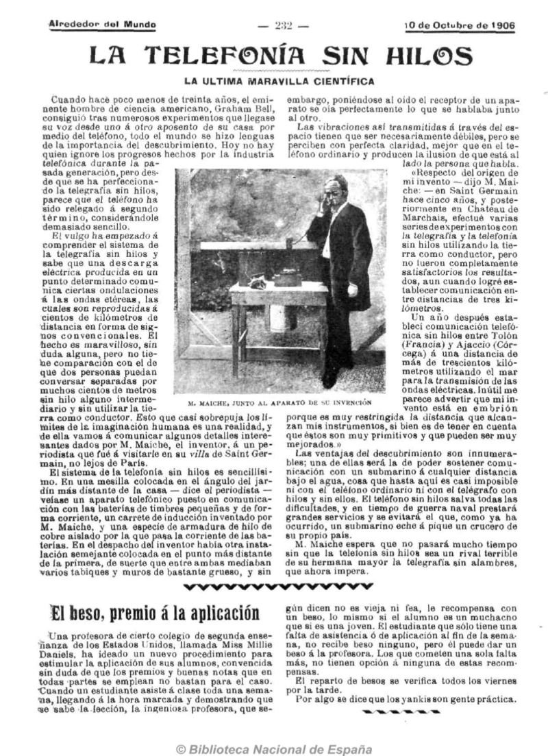 Página histórica de la revista Alrededor del Mundo de 1906 sobre los experimentos de telefonía sin hilos de M. Maiche.