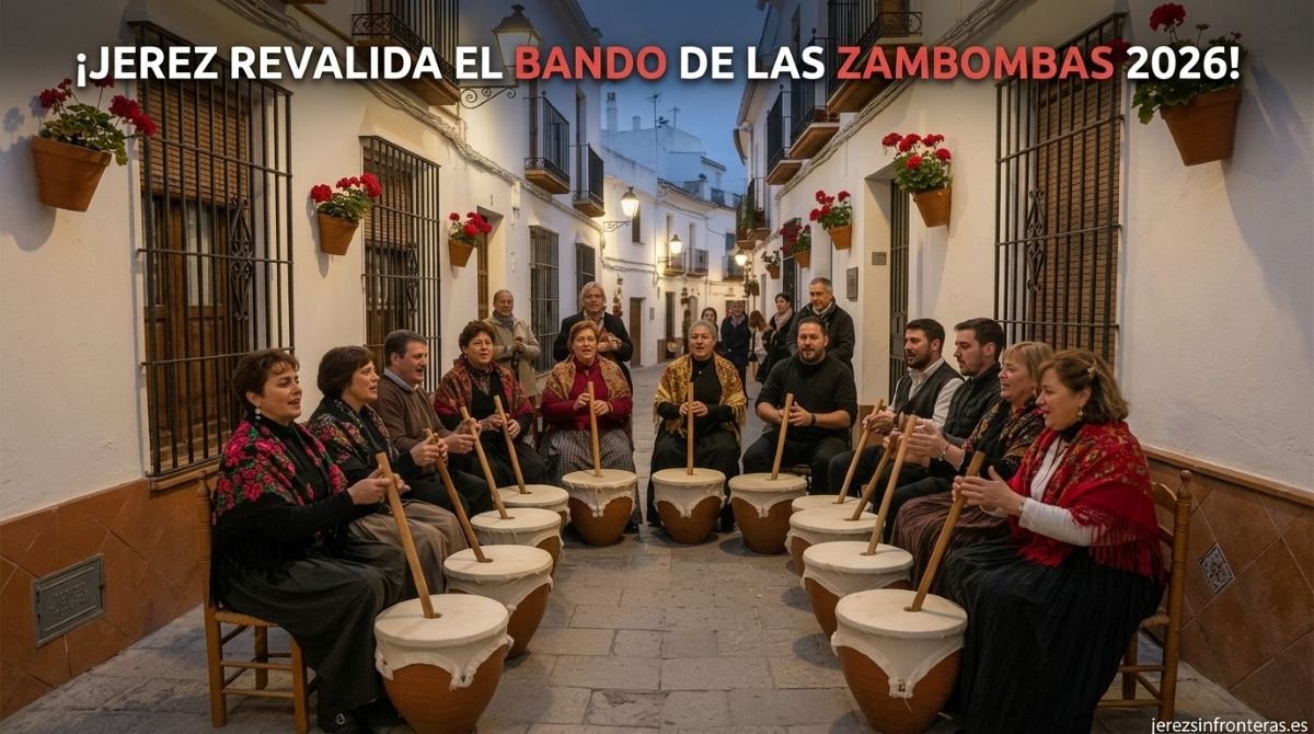 Grupo de personas tocando la zambomba y cantando villancicos tradicionales en una calle del centro histórico de Jerez de la Frontera durante las celebraciones de Navidad.