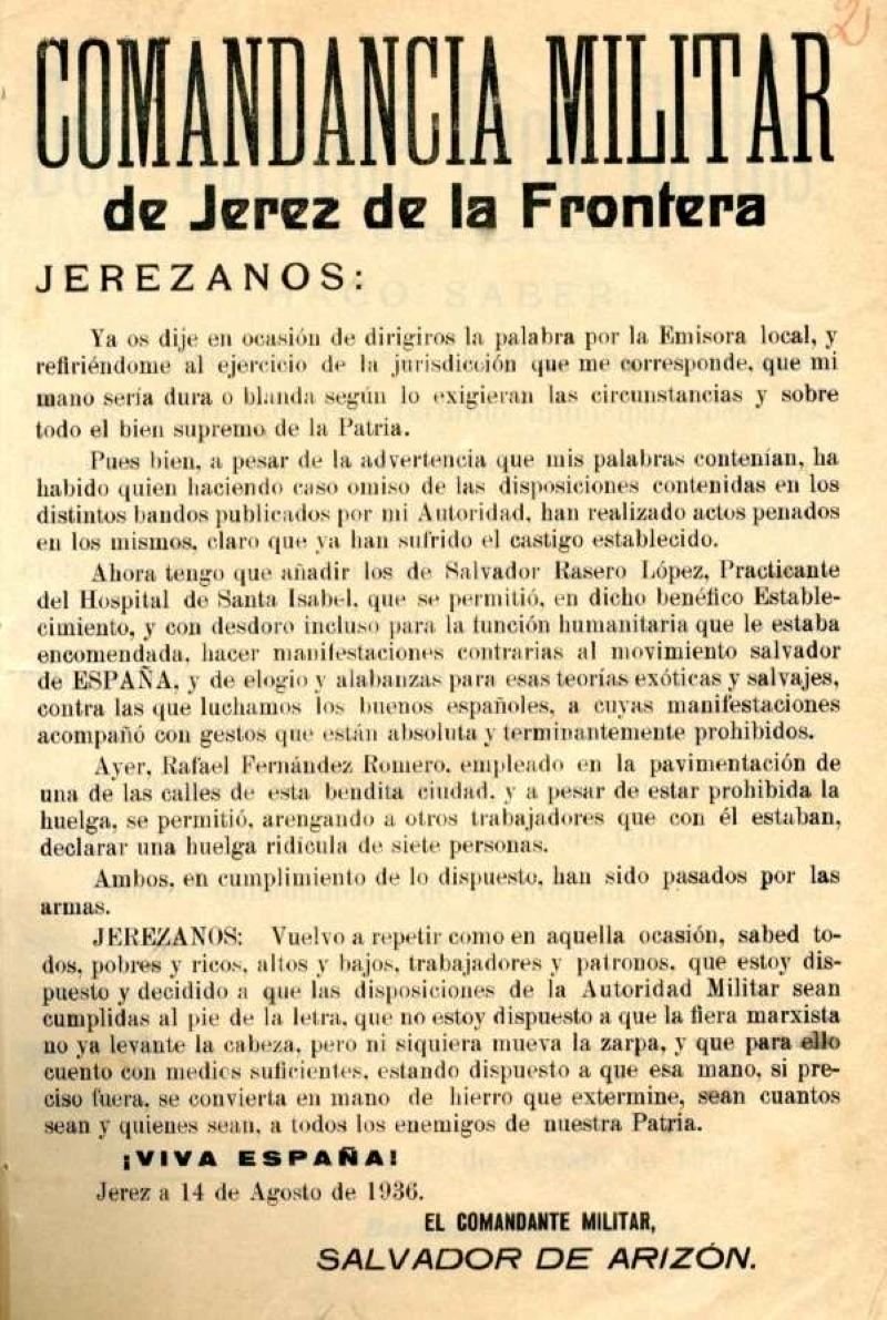 Un hallazgo estremecedor en el Archivo de Jerez: Un bando de guerra de 1936 revela los fusilamientos y la represión franquista en la ciudad