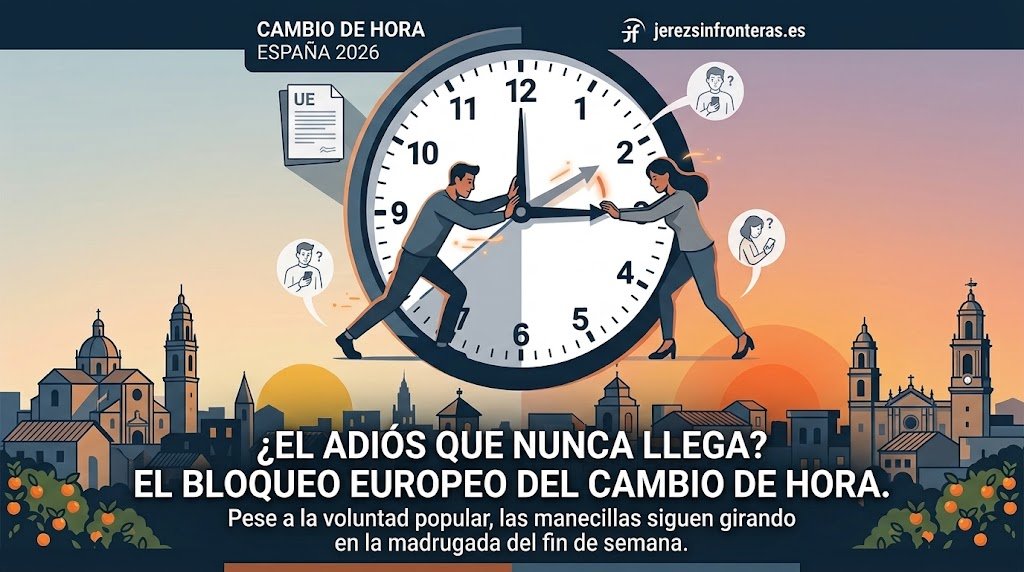 Ilustración vectorial de un reloj gigante sobre el horizonte urbano con dos personas empujando las manecillas, junto al título sobre el bloqueo europeo del cambio de hora.