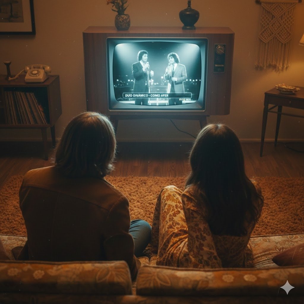 Pareja de espaldas sentada en un salón de época viendo al Dúo Dinámico cantando Como ayer en una televisión antigua de madera de 1970.