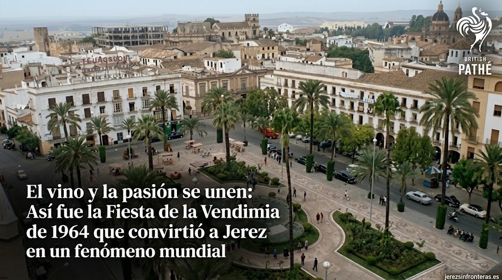 Fotografía aérea en formato panorámico de la Plaza del Arenal en Jerez de la Frontera, sobreimpresa con el titular «El vino y la pasión se unen: Así fue la Fiesta de la Vendimia de 1964 que convirtió a Jerez en un fenómeno mundial» y la marca jerezsinfronteras.es en el margen inferior derecho.