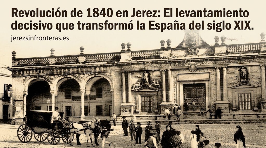 Cabecera de noticia para jerezsinfronteras.es con una fotografía antigua en sepia del antiguo Ayuntamiento de Jerez en el siglo XIX. En la plaza empedrada hay personas vestidas de época, niños jugando y un carruaje de caballos. En la parte superior, un texto grande y oscuro dice: "Revolución de 1840 en Jerez: El levantamiento decisivo que transformó la España del siglo XIX." Debajo, la URL "jerezsinfronteras.es".