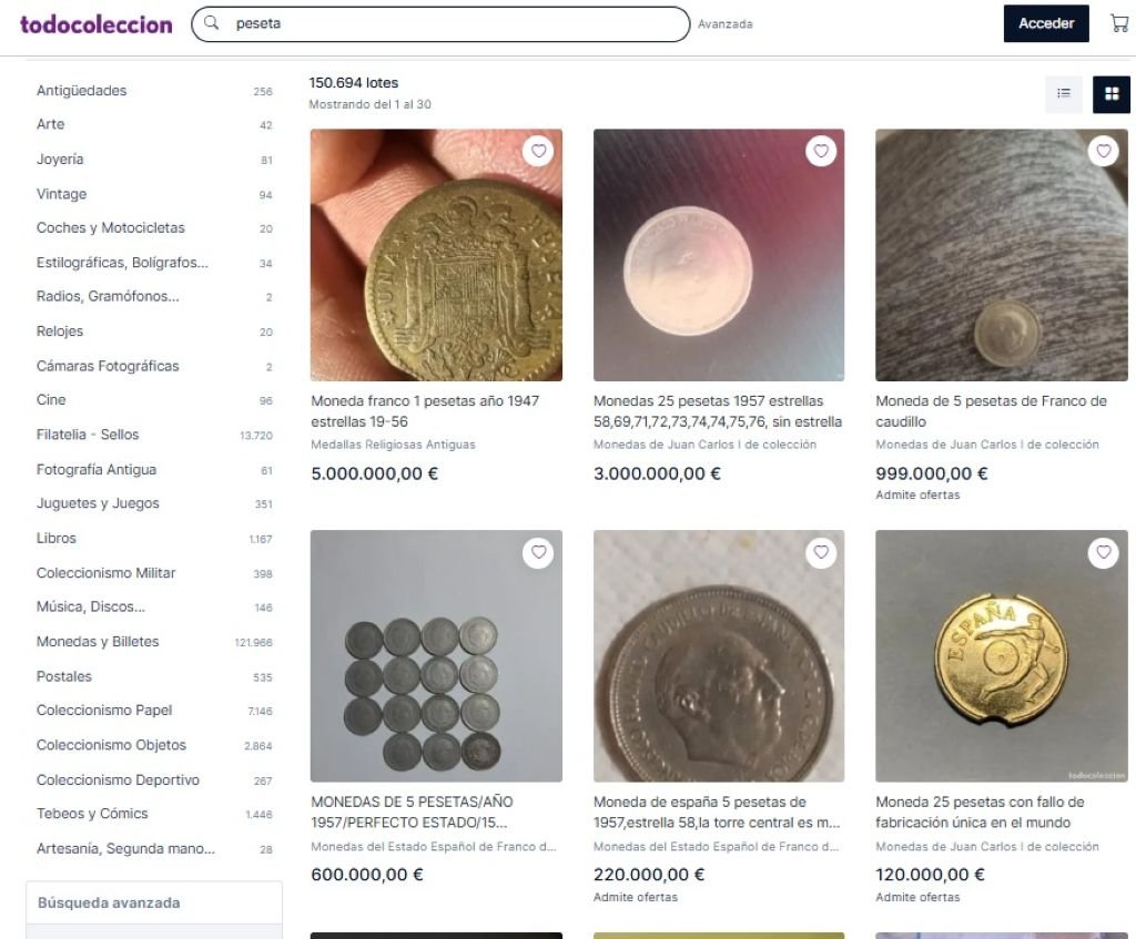 valor de las monedas de peseta