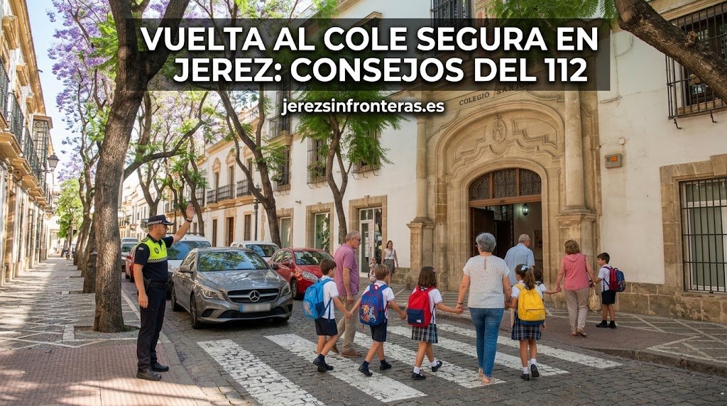 Una fotografía de la calle con un oficial de policía de Jerez de la Frontera dirigiendo el tráfico mientras un grupo de niños de la escuela, con mochilas de colores, cruzan la calle en un paso de cebra hacia la entrada del "Colegio San José". Dos adultos acompañan a los niños. La calle está bordeada por edificios de estuco blanco con balcones de hierro forjado y árboles con flores de color púrpura. El texto superpuesto en la parte superior dice: "VUELTA AL COLE SEGURA EN JEREZ: CONSEJOS DEL 112" y "jerezsinfronteras.es".