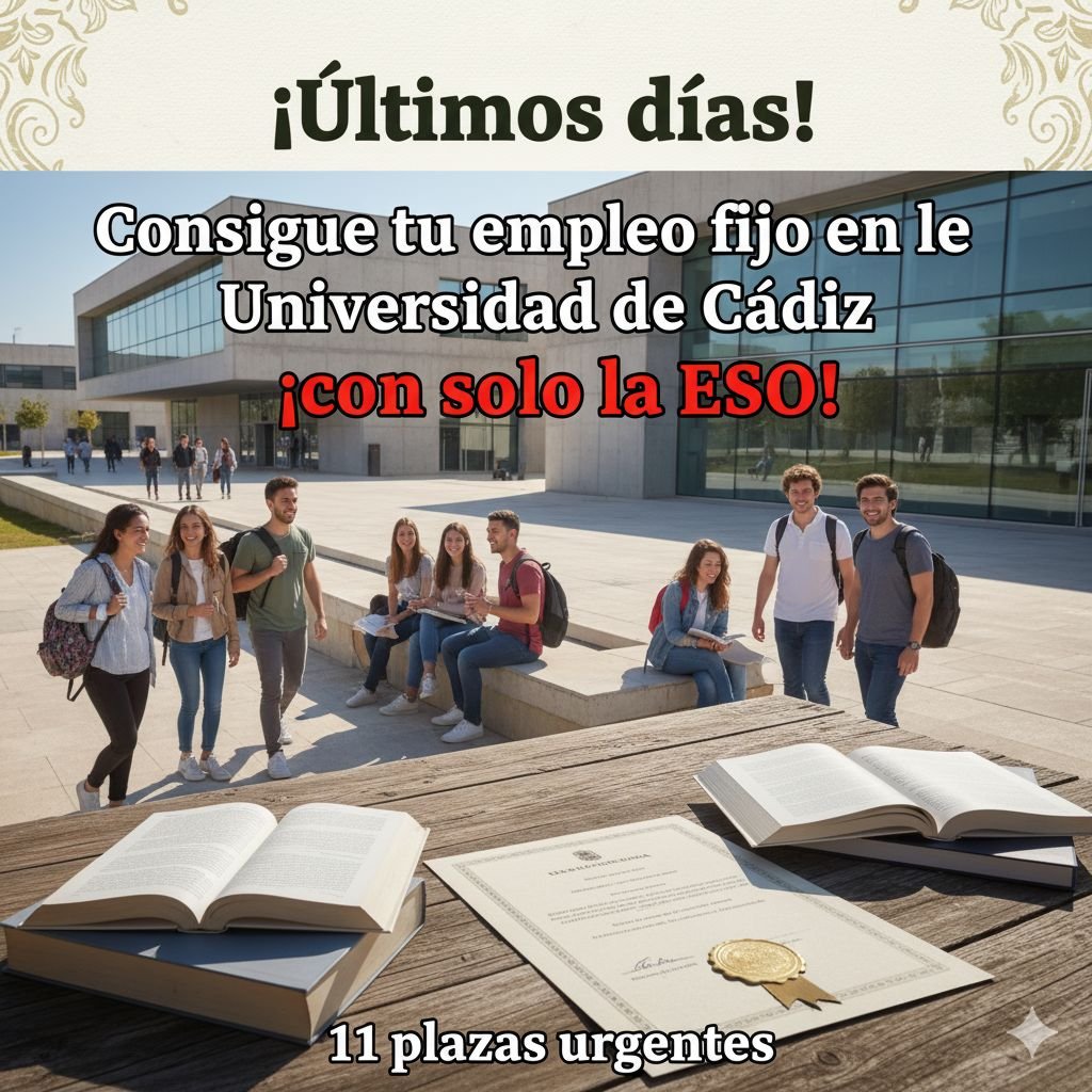 ¡Últimos días! Consigue tu empleo fijo en la Universidad de Cádiz con solo la ESO: 11 plazas urgentes