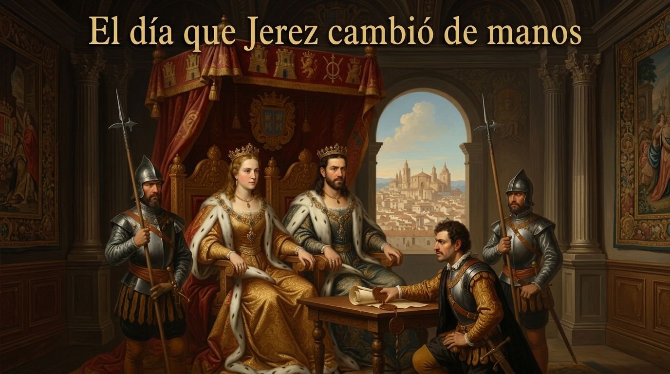 Una pintura de estilo histórico muestra a los Reyes Católicos, Isabel y Fernando, sentados en sus tronos en una sala ornamentada, mientras un escriba o embajador arrodillado les presenta un pergamino. Dos soldados con armadura flanquean la escena, y a través de una ventana se ve una ciudad antigua. El texto en español, "El día que Jerez cambió de manos", aparece en la parte superior.