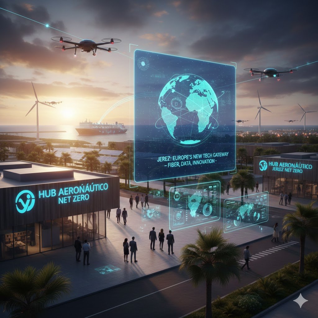 Representación conceptual de un parque tecnológico en Jerez de la Frontera con edificios inteligentes del Hub Aeronáutico, pantallas digitales de conectividad global, drones de logística avanzada y molinos de energía eólica al atardecer para ilustrar la inversión tecnológica en Jerez de la Frontera.