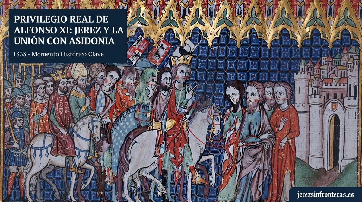 Ilustración medieval que representa el Privilegio Real de Alfonso XI y la vinculación histórica de Jerez con la Silla Asidonense.