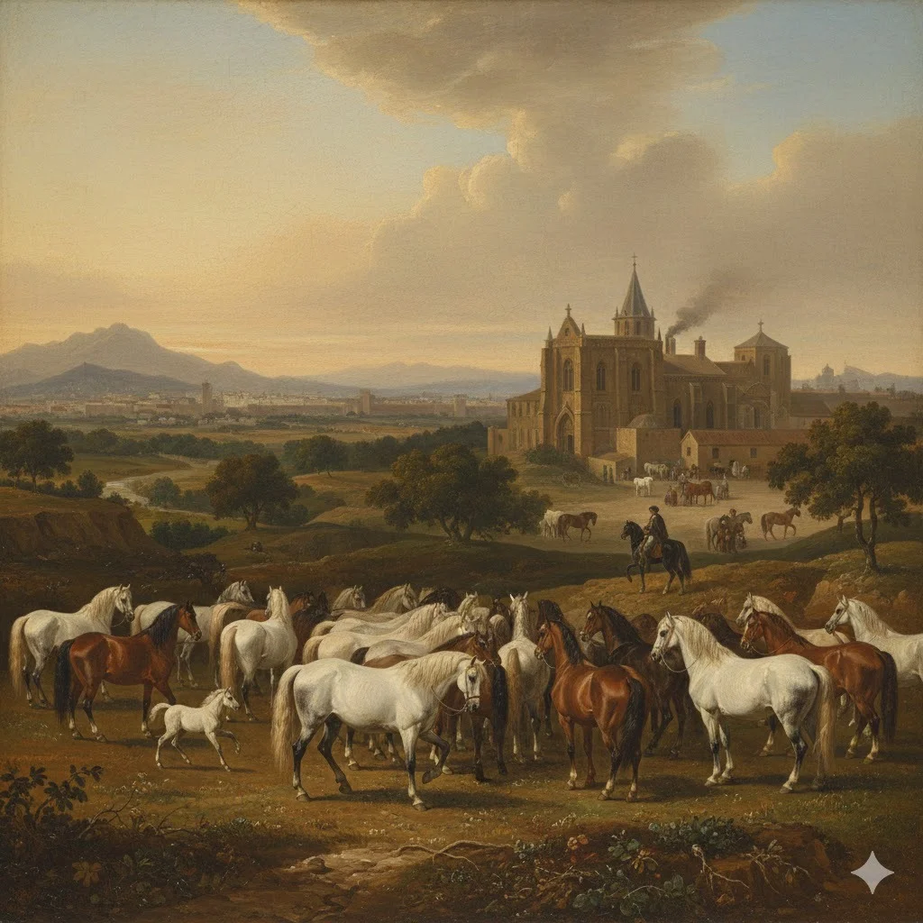 Caballo cartujano tordo realizando una exhibición de alta escuela en las instalaciones de la Yeguada de la Cartuja.