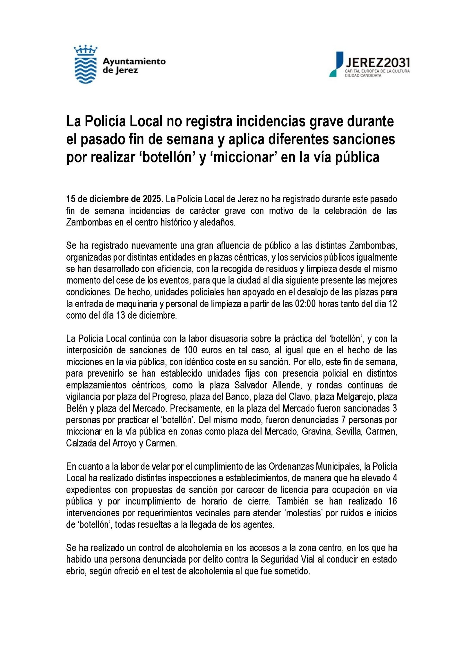 La nota municipal sobre la gestión de las Zambombas