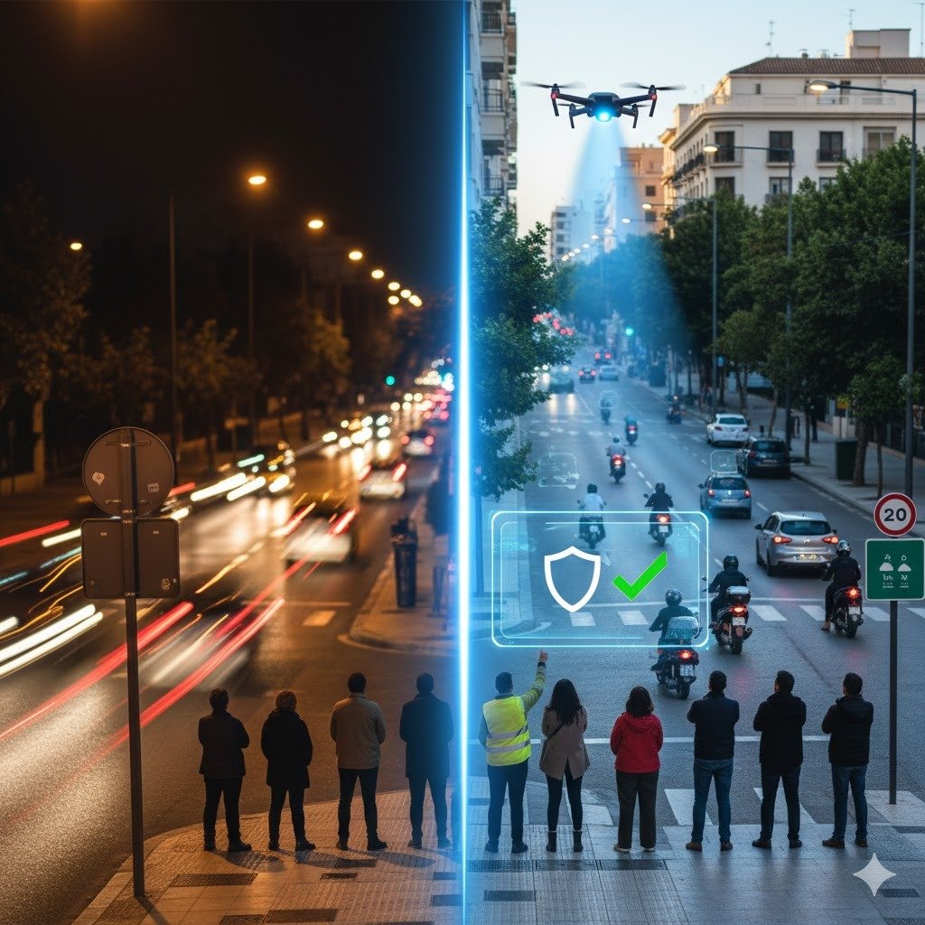 Vista aérea de una carretera moderna con señalización digital activa y un dron de vigilancia supervisando el tráfico, representando las nuevas normativas de la DGT y los derechos de seguridad vial en Cádiz para el año 2026.
