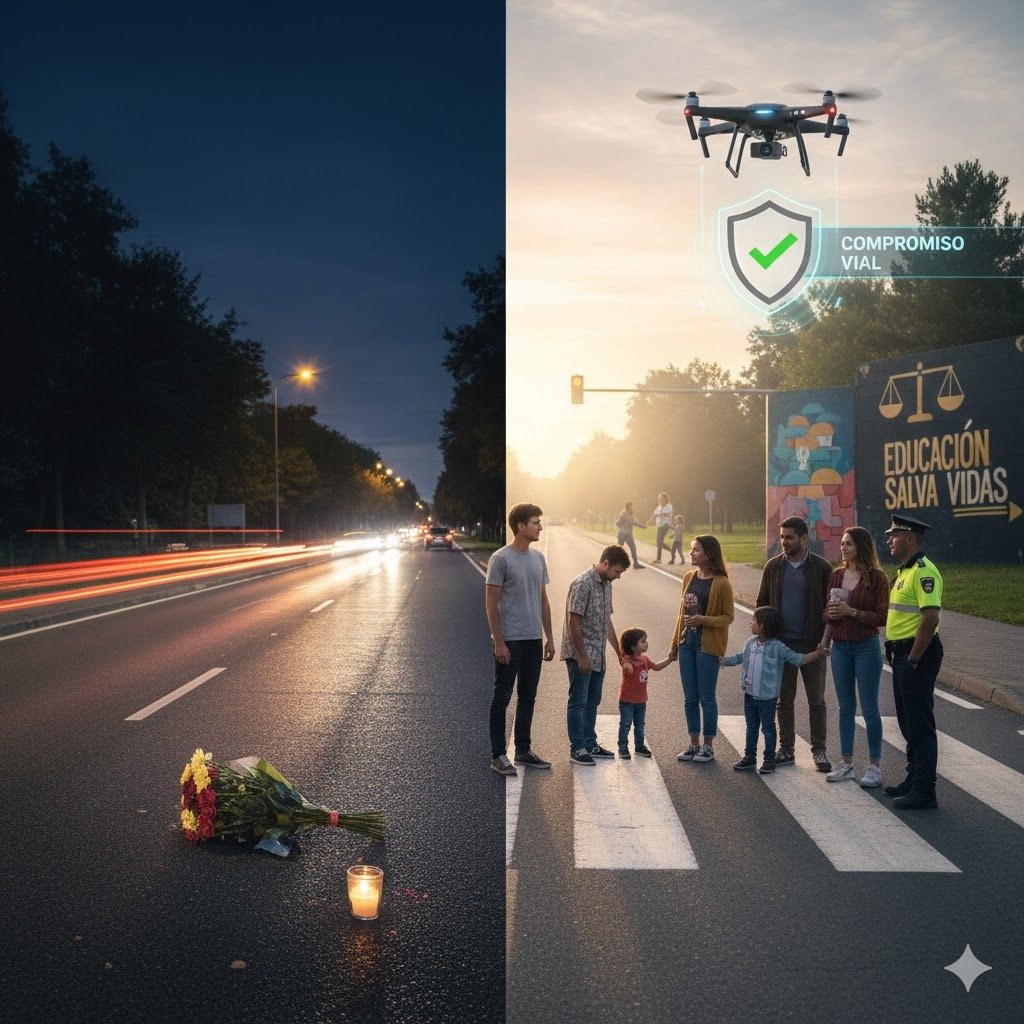 Imagen conceptual y evocadora de una carretera que se pierde en un horizonte luminoso al amanecer, simbolizando esperanza, compromiso con la vida y justicia vial tras un accidente de tráfico en El Puerto de Santa María.