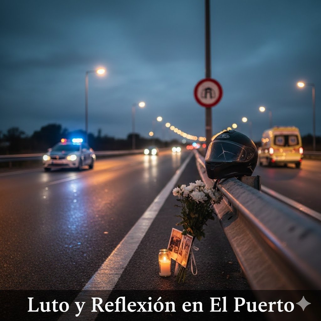 Homenaje con flores y casco en el arcén de una carretera nocturna en El Puerto de Santa María tras un accidente de tráfico, con luces de policía y ambulancia desenfocadas al fondo para ilustrar la seguridad vial