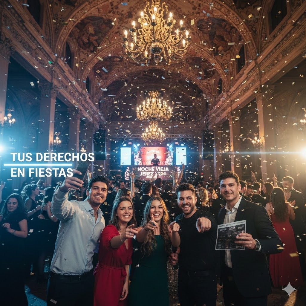 Grupo de jóvenes celebrando en un cotillón de Nochevieja en un salón de Jerez con confeti y luces, representando la seguridad y el disfrute de tus derechos en las fiestas de fin de año en Jerez.