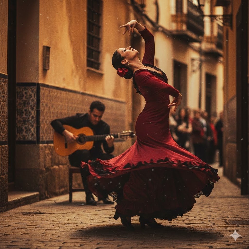 Bailaora flamenca con vestido rojo realizando un desplante en una calle típica andaluza junto a un guitarrista, representando la celebración del Día Internacional del Flamenco 2026.