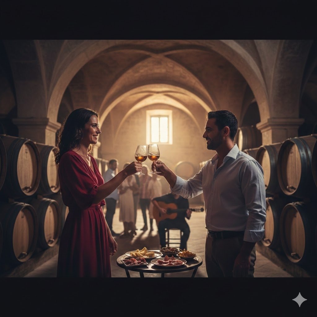 Pareja brindando con vino de Jerez en una bodega tradicional con barricas de madera y arquitectura de techos abovedados durante el Día Mundial del Enoturismo en Jerez 2026.