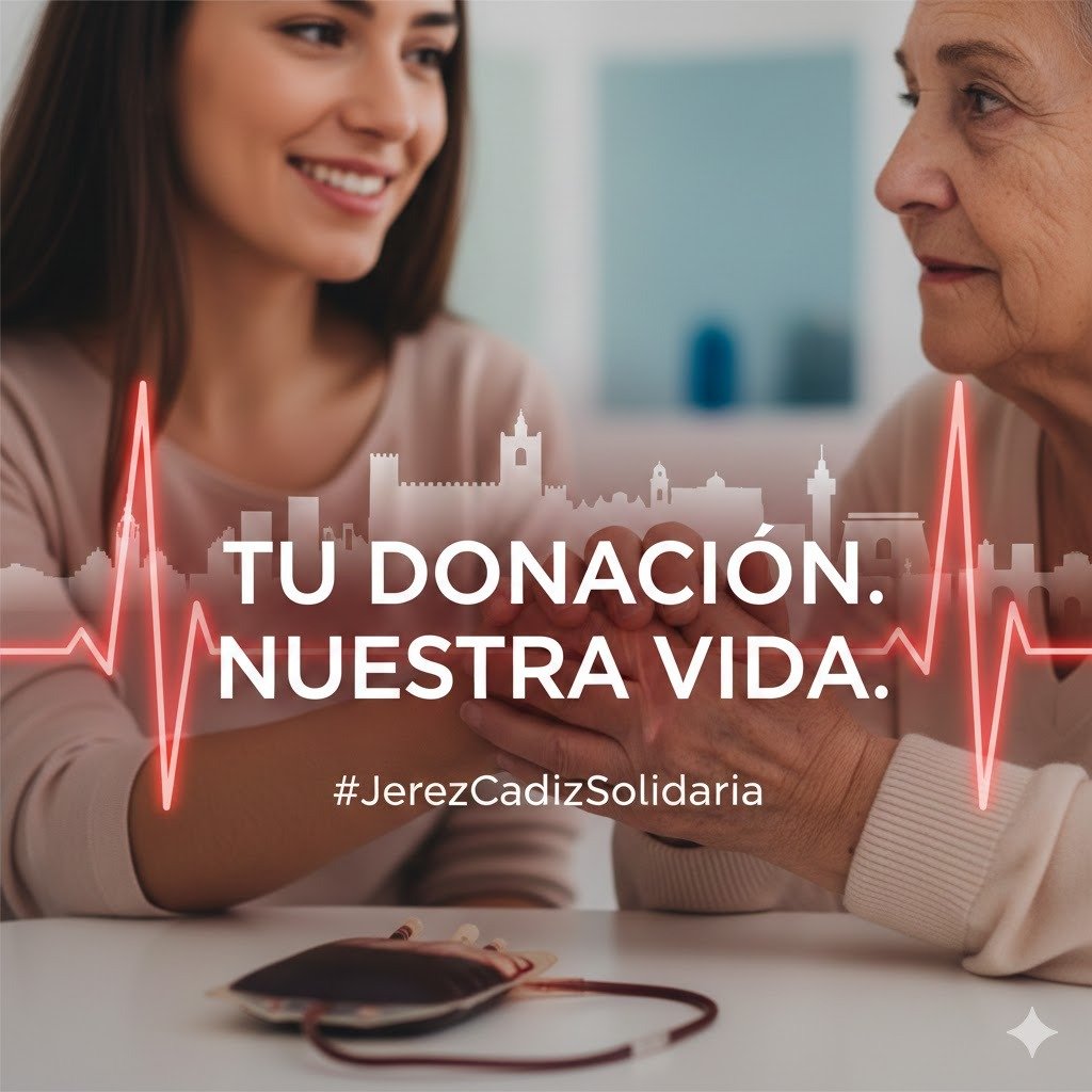 Joven sonriendo mientras sostiene la mano de una persona mayor en un gesto de solidaridad, con una bolsa de sangre en primer plano y el texto Tu donación Nuestra vida sobre un perfil urbano de Jerez y Cádiz
