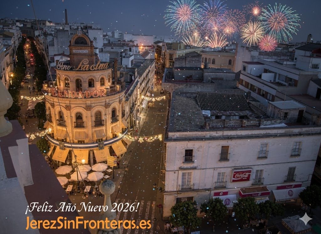 Felicitación de Año Nuevo 2026 desde Jerez con una mano brindando con una copa de vino espumoso ante el skyline nocturno de Jerez de la Frontera iluminado por fuegos artificiales y el texto Feliz Año Nuevo 2026 de jerezsinfronteras.es.