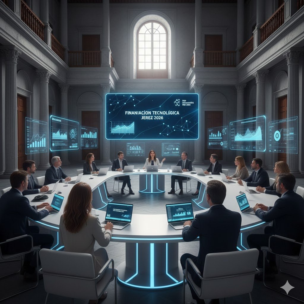 Reunión estratégica en una sala de conferencias de arquitectura clásica en Jerez con pantallas digitales de alta tecnología que muestran gráficos de crecimiento financiero y el mapa de la provincia de Cádiz, ilustrando la financiación de proyectos tecnológicos en Jerez de la Frontera.