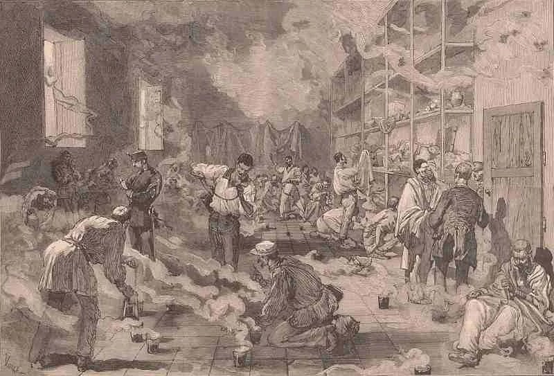 Grabado del siglo XIX de Daniel Urrabieta Vierge que muestra a hombres realizando fumigaciones en Leganés para desinfectar las dependencias de las tropas españolas retornadas de Cuba.