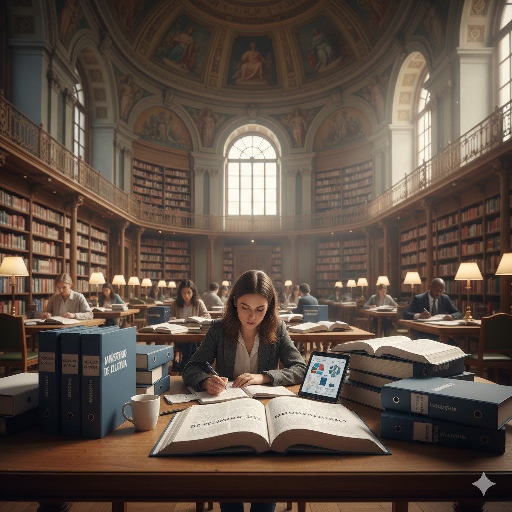 Una mujer joven estudia con concentración en una majestuosa biblioteca clásica con techos abovedados y frescos. En su mesa de madera hay grandes libros abiertos, una tableta digital, una taza de café y archivadores azules con la inscripción "Ministerio de Cultura". Al fondo, otros opositores estudian bajo la luz de lámparas individuales entre estanterías repletas de libros.
