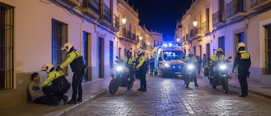 Drama nocturno en Jerez: La Policía Local rescata a un menor desmayado por coma etílico en plena calle Tornería y lo escolta al hospital