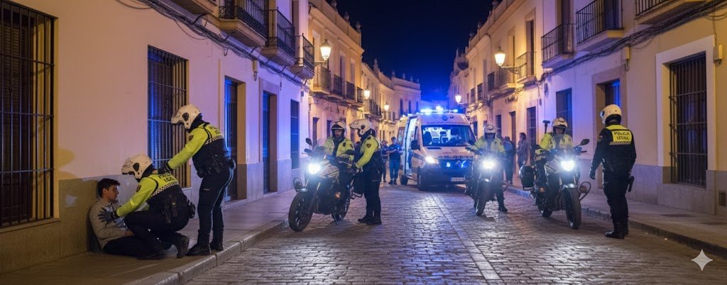Drama nocturno en Jerez: La Policía Local rescata a un menor desmayado por coma etílico en plena calle Tornería y lo escolta al hospital