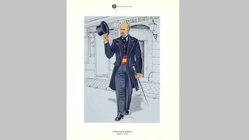 Ilustración histórica de un Comisario de Distrito de Madrid en 1850 frente a una comisaría, representando la evolución institucional tras el Real Decreto de 8 de enero de 1824 sobre el arreglo de la Policía del Reino.