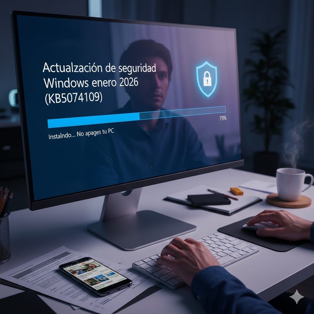 Un monitor de escritorio moderno muestra el progreso de la actualización de seguridad Windows enero 2026 KB5074109 con un escudo de protección azul, en una oficina profesional con iluminación tenue.