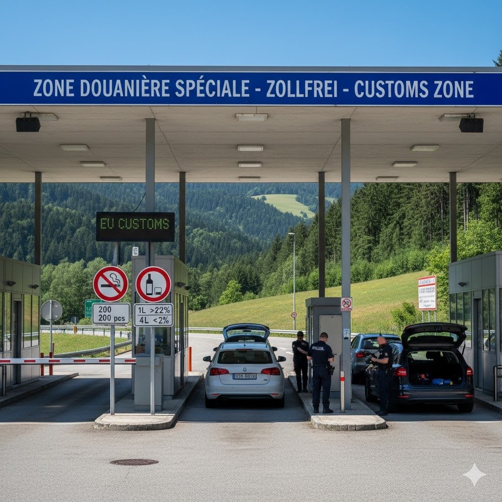 Puesto de control aduanero en la frontera de un enclave europeo con señalización de límites de franquicia.