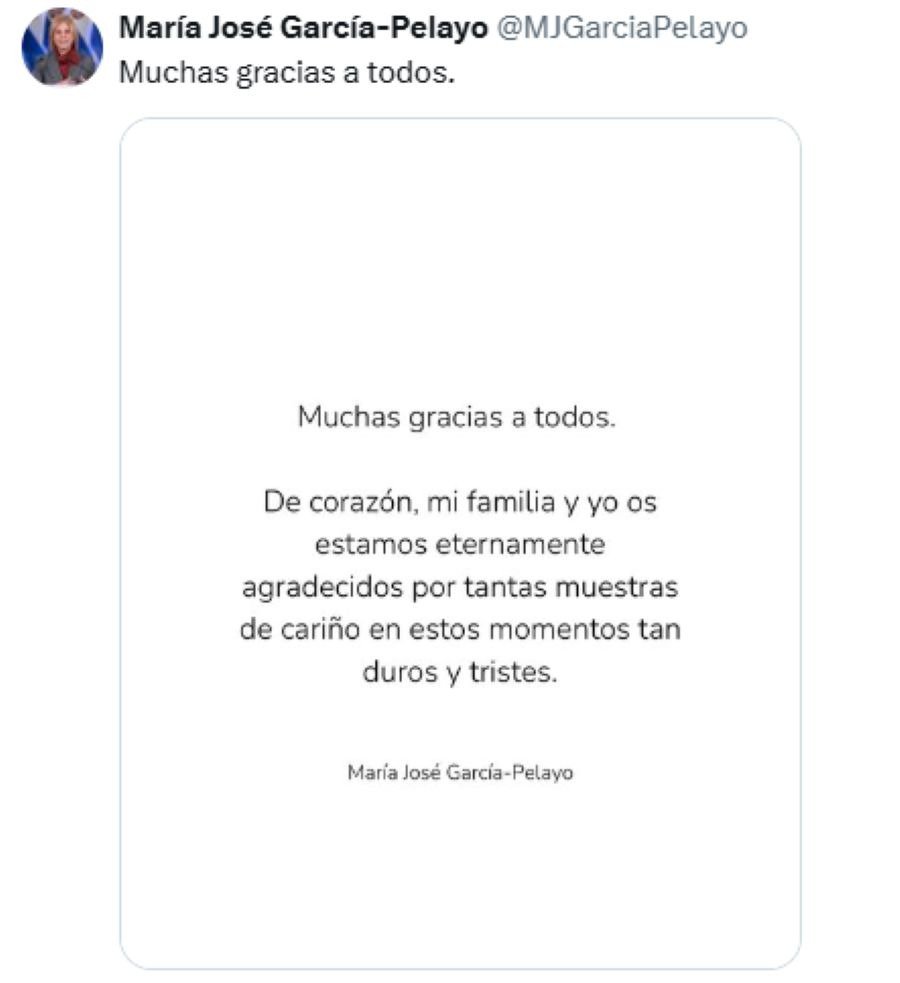 Comunicado oficial de María José García-Pelayo en redes sociales agradeciendo las muestras de cariño y condolencias tras el fallecimiento de su padre en Jerez de la Frontera.