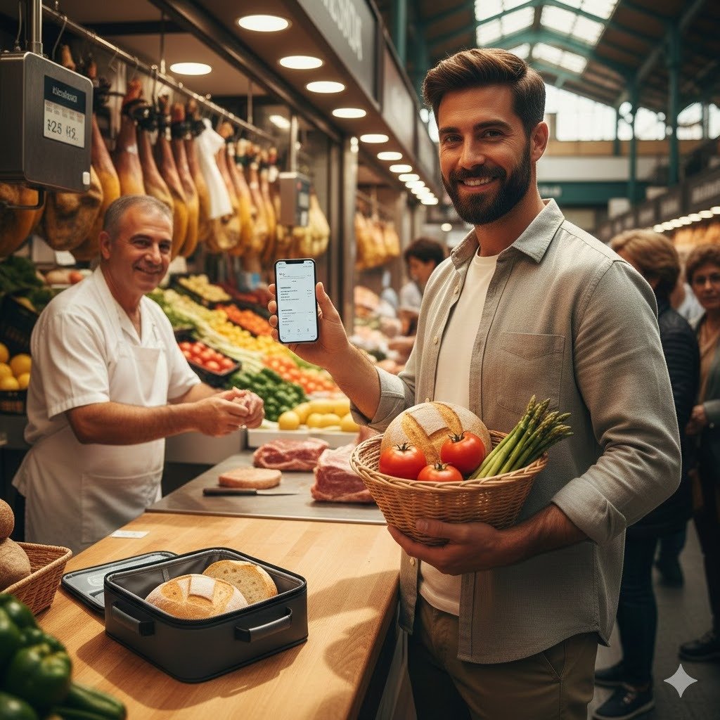 Hombre joven comprando una telera de pan artesana y verduras frescas en el Mercado de Abastos de Jerez de la Frontera, usando su teléfono móvil para ahorrar en la compra para una sola persona.