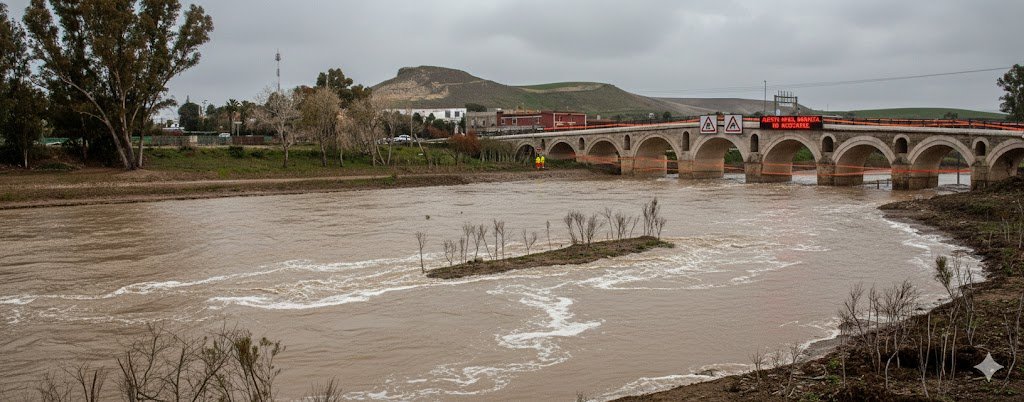 Crecida del río Guadalete en Jerez con nivel de agua alto bajo los arcos de un puente de piedra, cielo nublado y señal de alerta naranja por riesgo de inundación.
