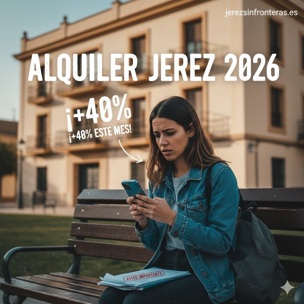 Mujer joven preocupada en un banco de Jerez consultando su móvil con documentos de alquiler y el texto Alquiler Jerez 2026 subida de precios del 40 por ciento en el mercado inmobiliario local.