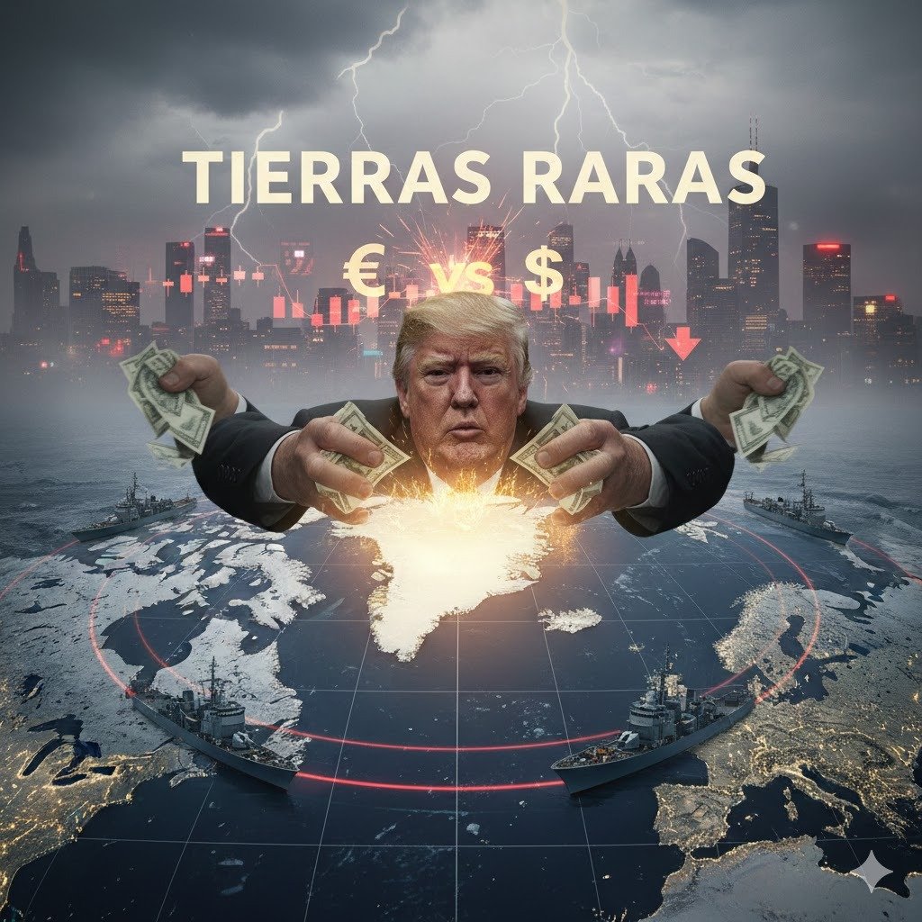 Análisis visual de la amenaza de Trump a Groenlandia y la economía europea mostrando un mapamundi con barcos militares en el Ártico, gráficos financieros en descenso y el pulso por las tierras raras entre el euro y el dólar bajo un cielo de tormenta.