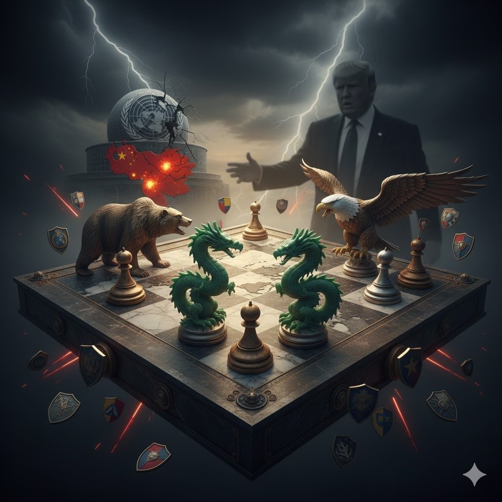 Tablero geopolítico mundial frente a la intervención militar en Venezuela 2026: ilustración de un mapa estratégico global con piezas de ajedrez que representan a Estados Unidos, Rusia y China, rodeado de símbolos de alerta diplomática de la ONU y cables de noticias internacionales sobre la crisis en Caracas.